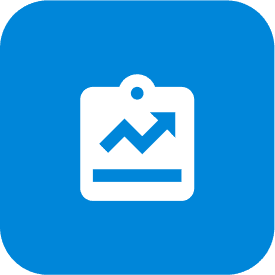 A blue and white icon of an analytics chart.