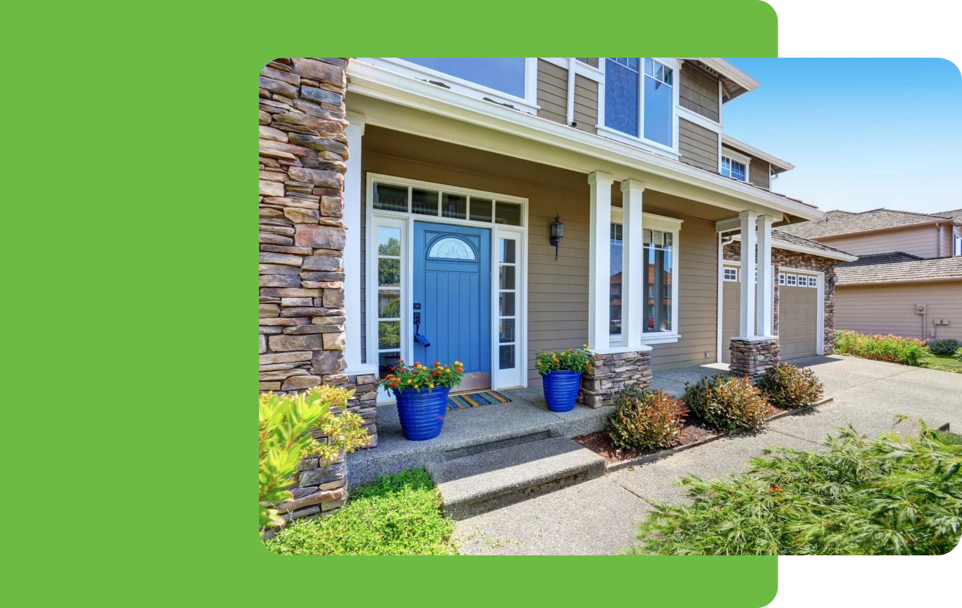 A house with blue doors and windows on the front.