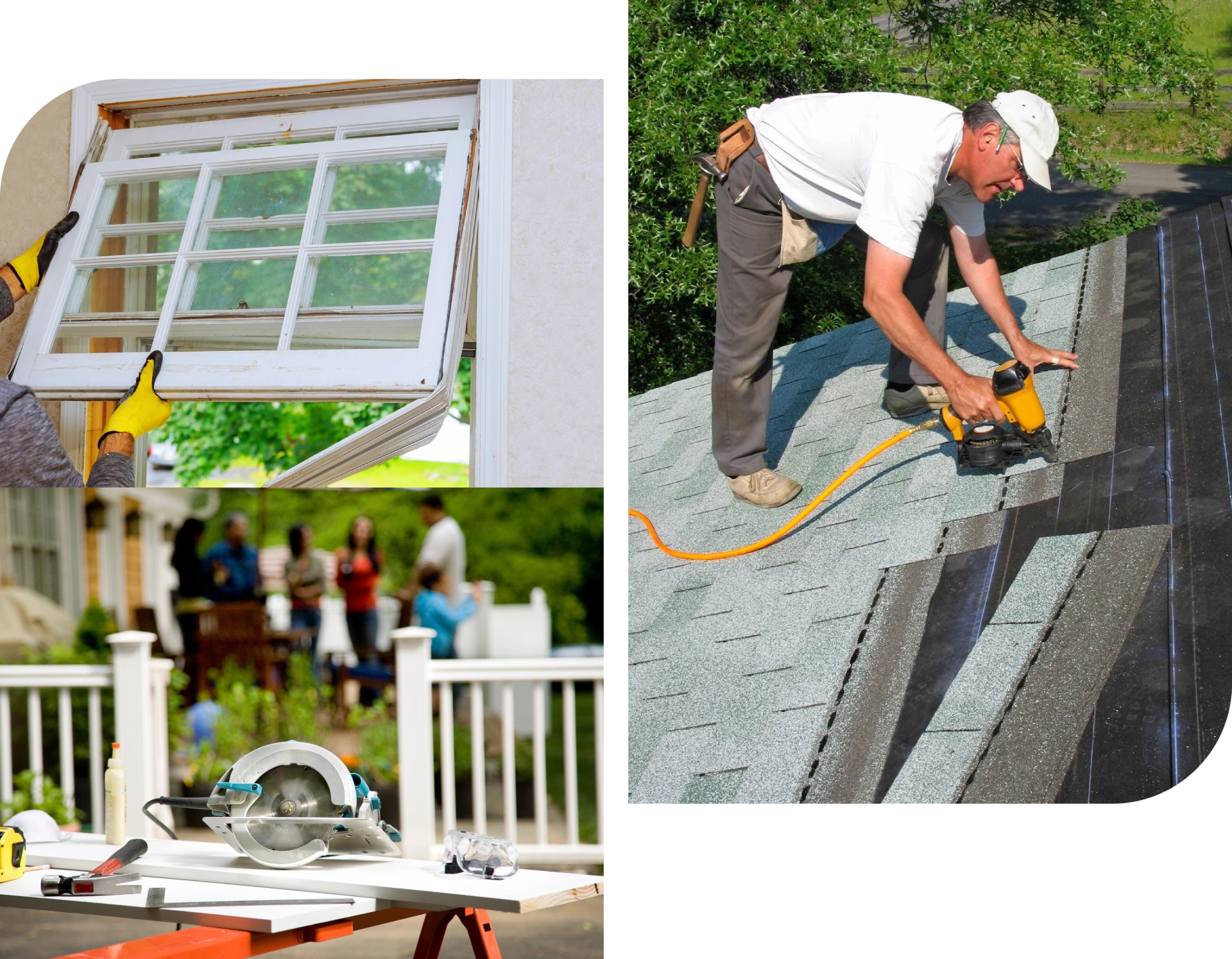 A collage of people working on a roof.