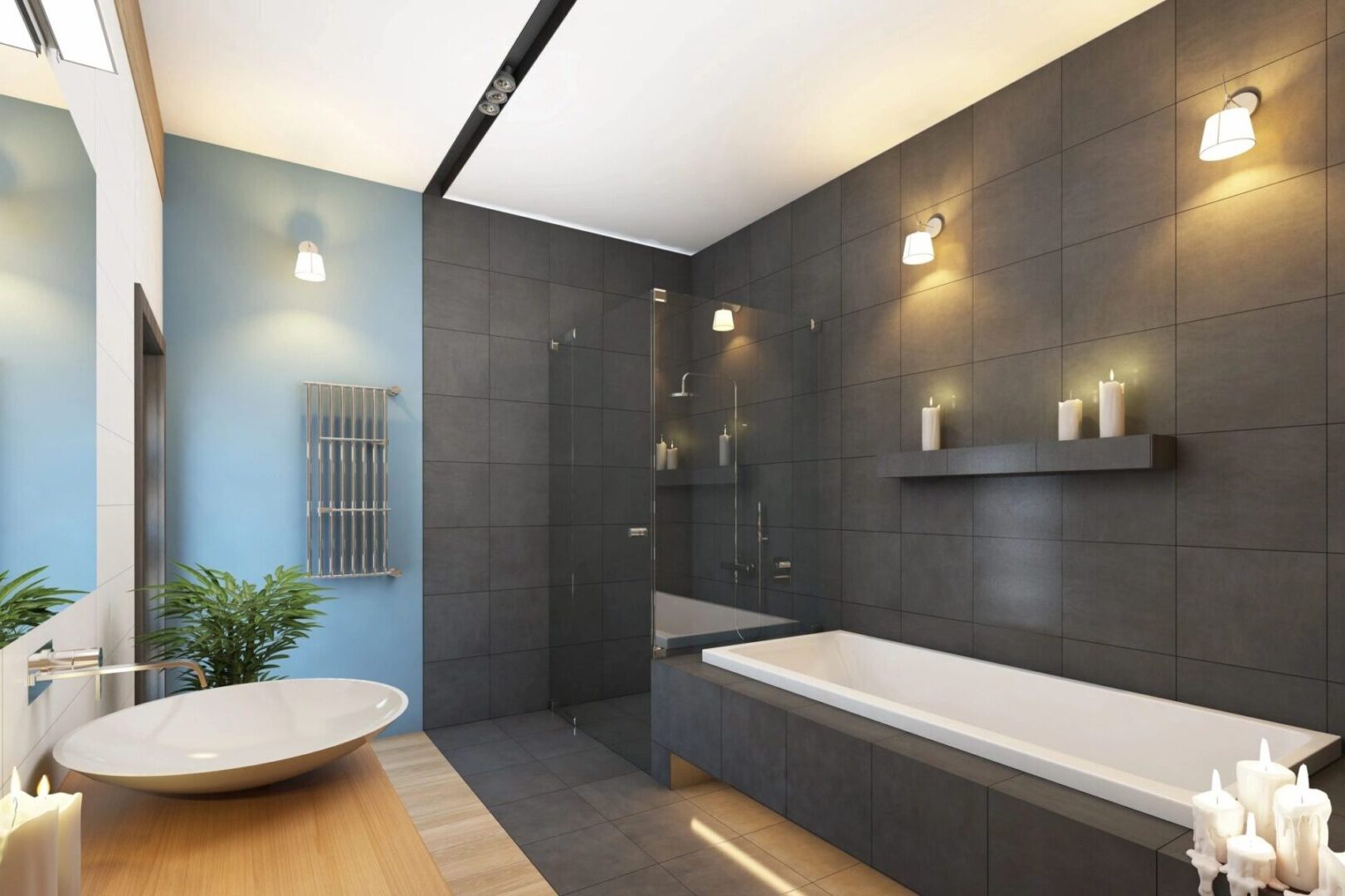 A bathroom with a tub, shower and sink.